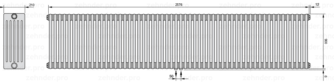 Схема (чертеж) Радиатор Zehnder Charleston 6090/56 №5410 Белый глянцевый RAL 9016